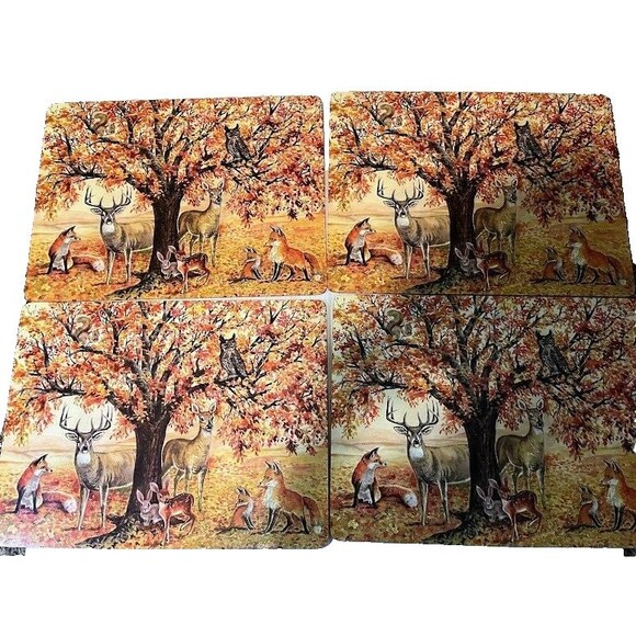 4 Hardboard Cork Placemats Wilderness Animals by Tree Cabincore Autumn Rustic - Picture 3 of 4